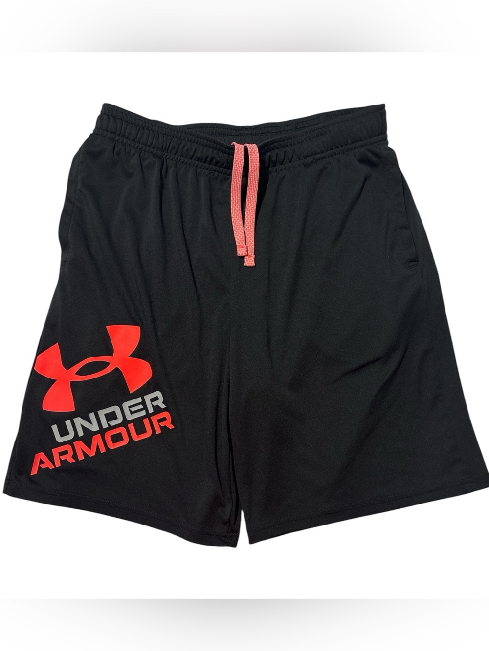 Under Armour Black Youth Athletic Shorts with Red Logo and Coral Drawstring